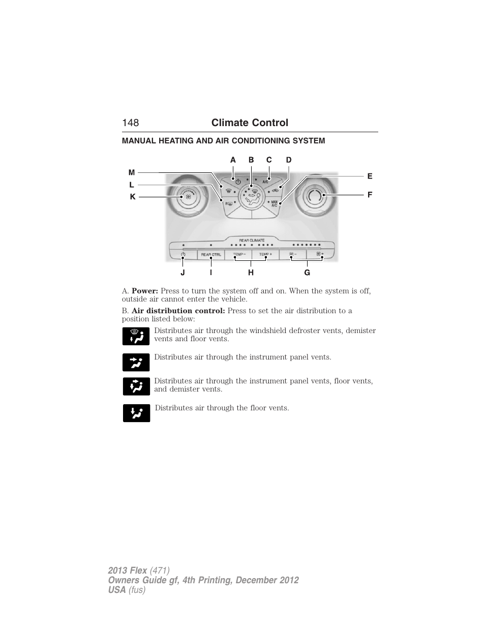 Climate control, Manual heating and air conditioning system, Manual heating and air conditioning | 148 climate control | FORD 2013 Flex v.4 User Manual | Page 149 / 555