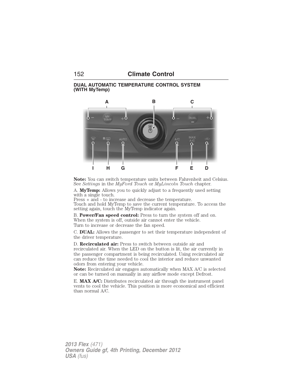 152 climate control | FORD 2013 Flex v.4 User Manual | Page 153 / 555