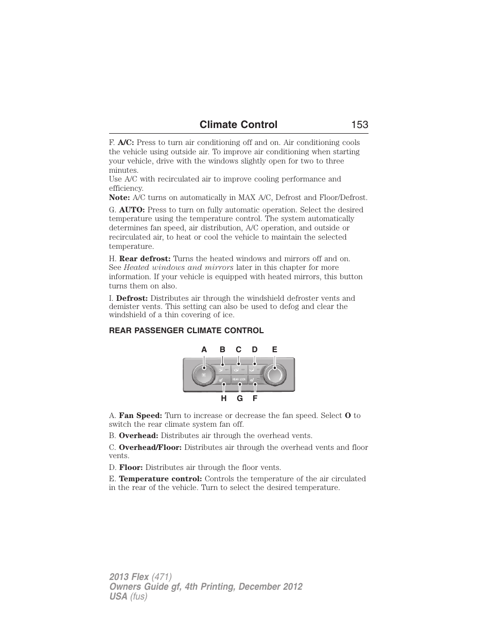 Rear passenger climate control, Auxiliary passenger climate control, Climate control 153 | FORD 2013 Flex v.4 User Manual | Page 154 / 555