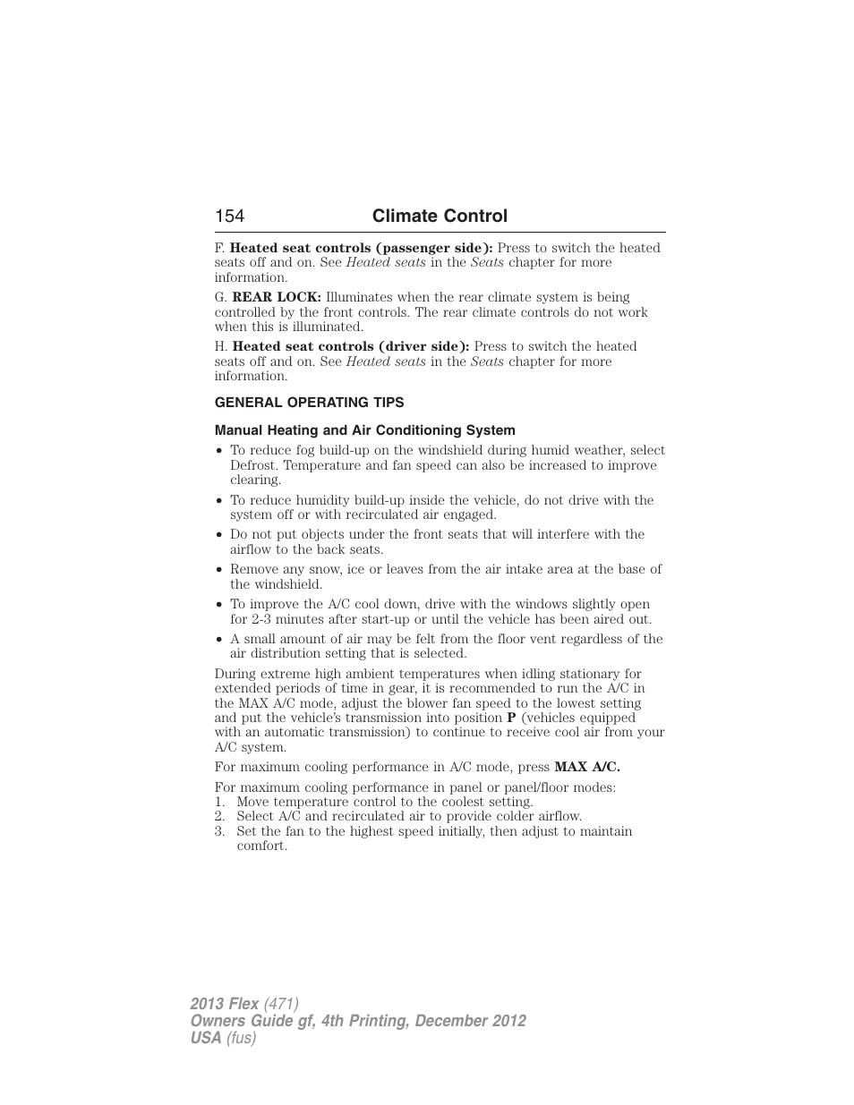 General operating tips, Manual heating and air conditioning system, 154 climate control | FORD 2013 Flex v.4 User Manual | Page 155 / 555