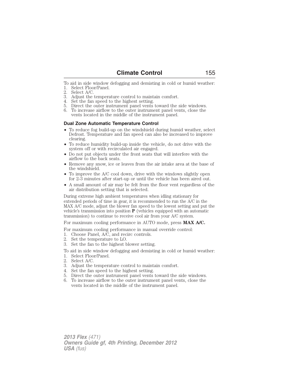 Dual zone automatic temperature control, Climate control 155 | FORD 2013 Flex v.4 User Manual | Page 156 / 555