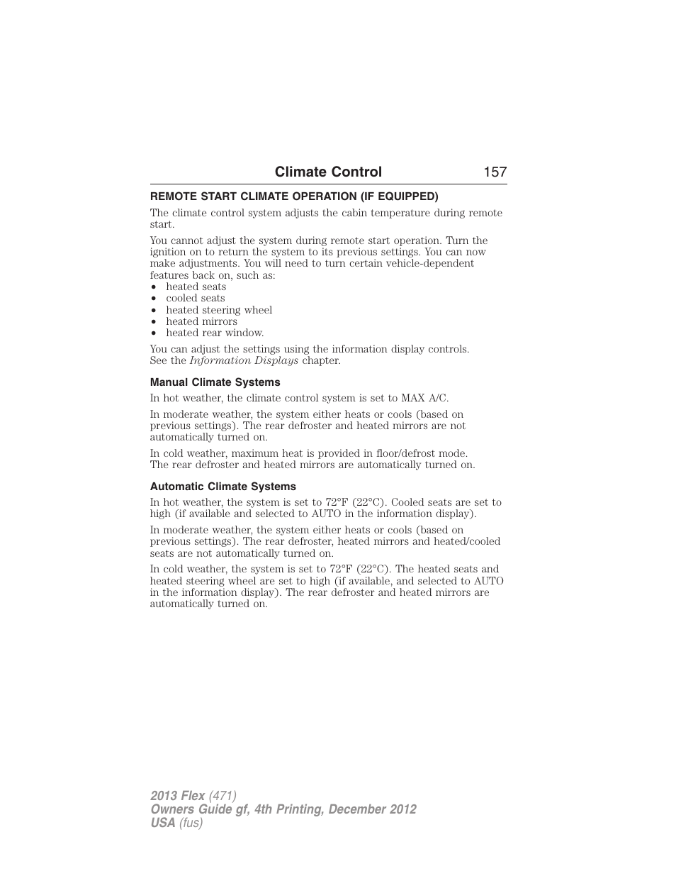 Remote start climate operation (if equipped), Manual climate systems, Automatic climate systems | Climate control 157 | FORD 2013 Flex v.4 User Manual | Page 158 / 555