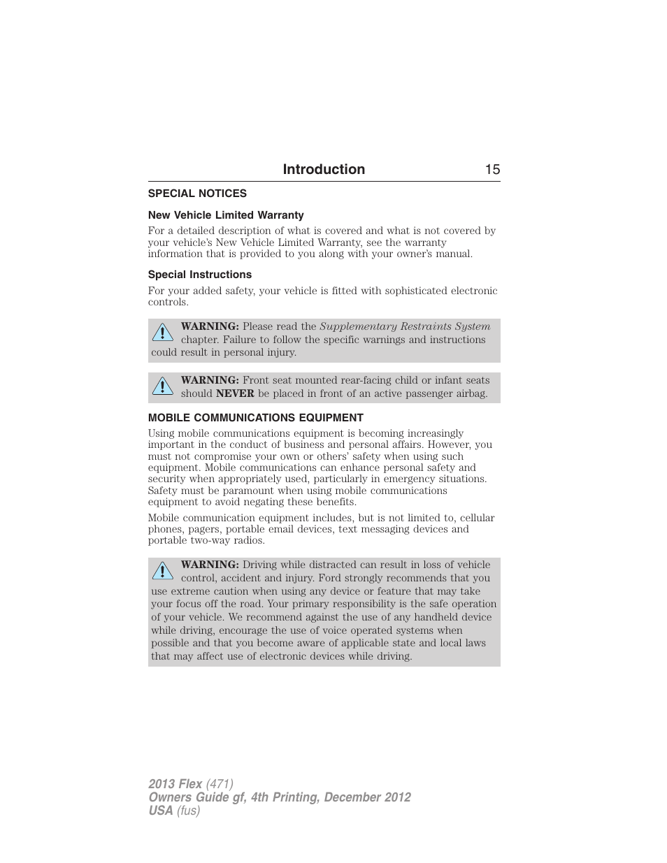 Special notices, New vehicle limited warranty, Special instructions | Mobile communications equipment, Introduction 15 | FORD 2013 Flex v.4 User Manual | Page 16 / 555