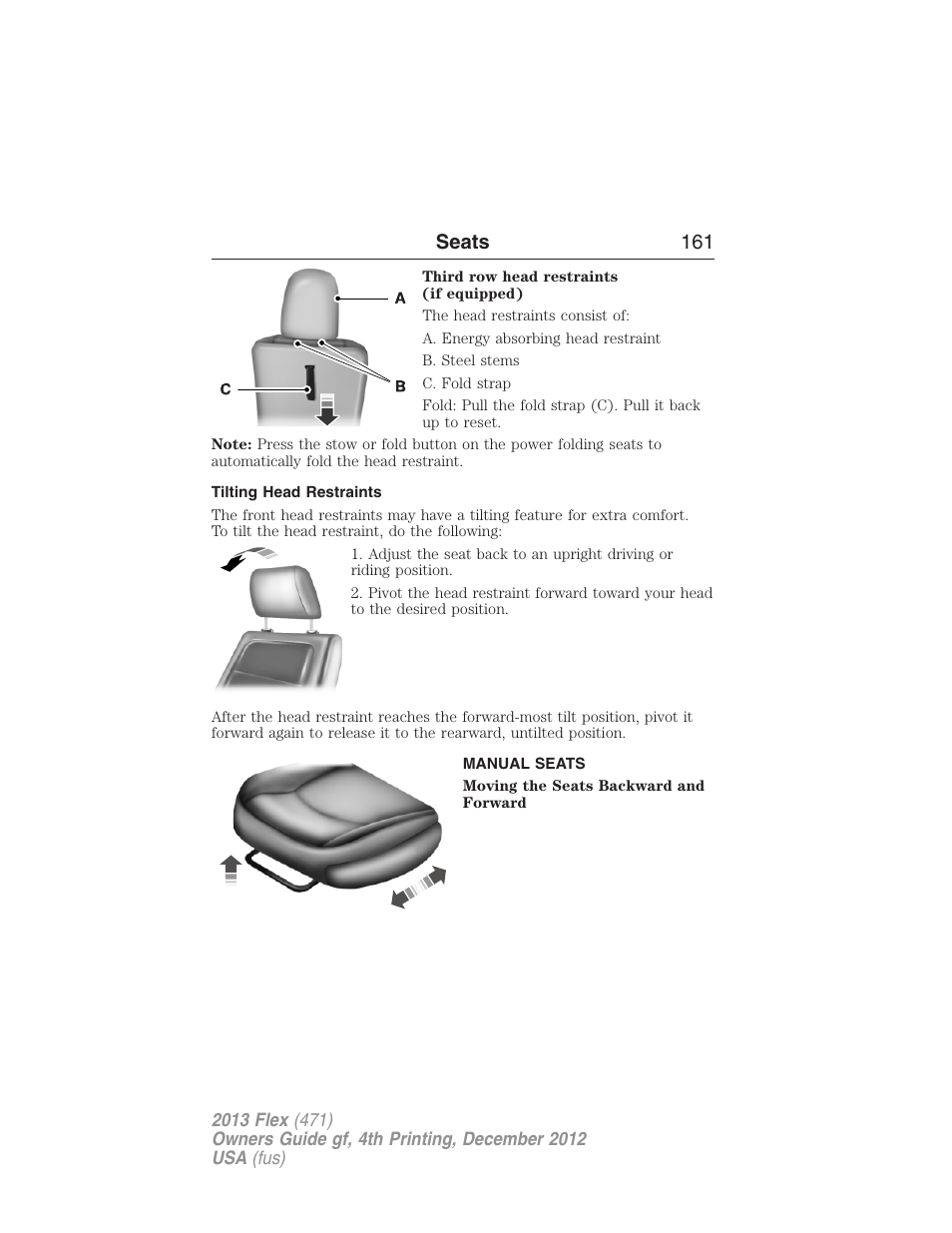 Tilting head restraints, Manual seats, Seats 161 | FORD 2013 Flex v.4 User Manual | Page 162 / 555
