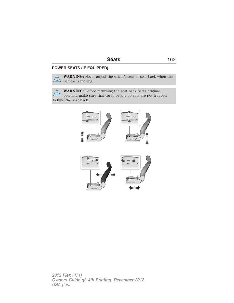 Power seats (if equipped), Power seats | FORD 2013 Flex v.4 User Manual | Page 164 / 555