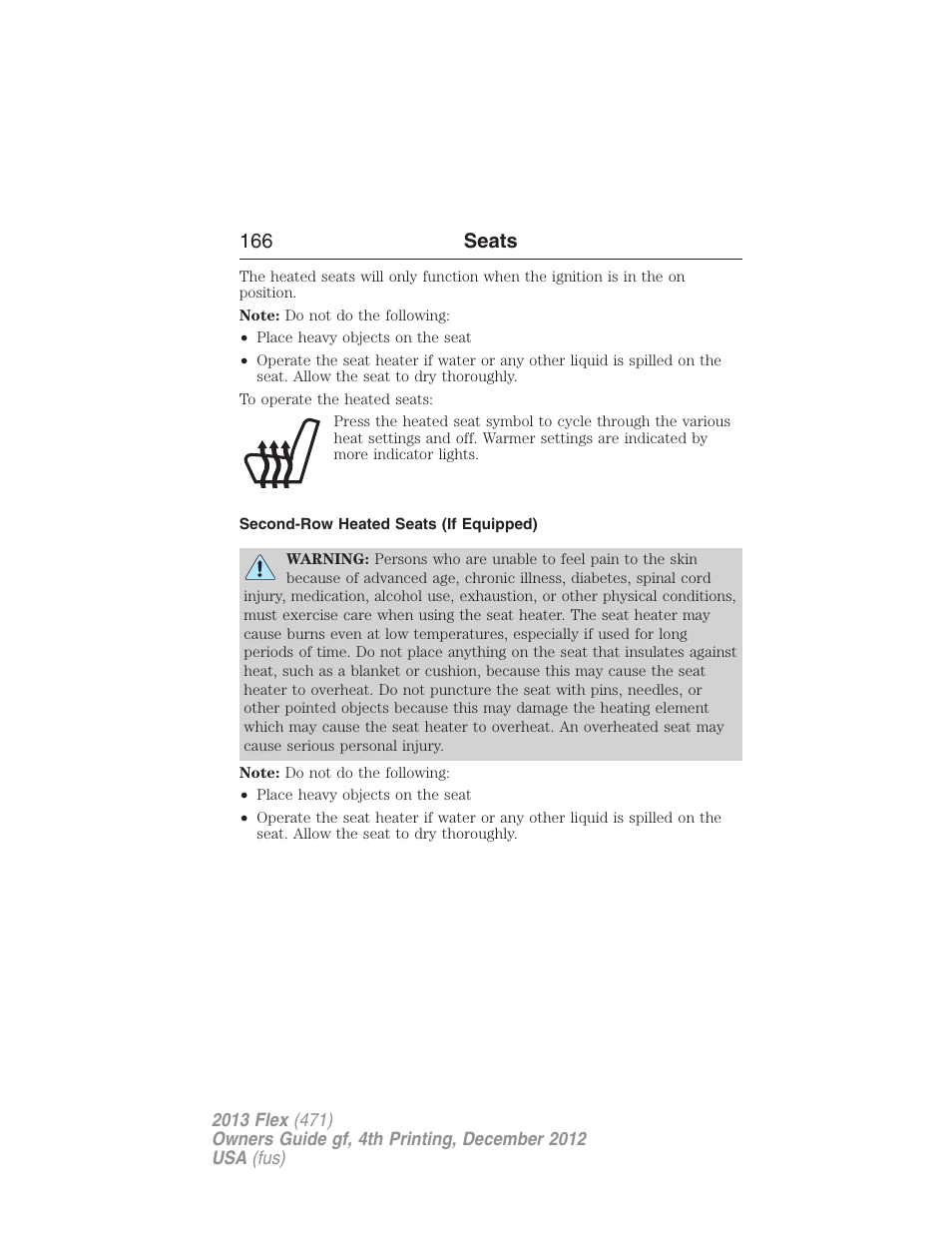 Second-row heated seats (if equipped), 166 seats | FORD 2013 Flex v.4 User Manual | Page 167 / 555