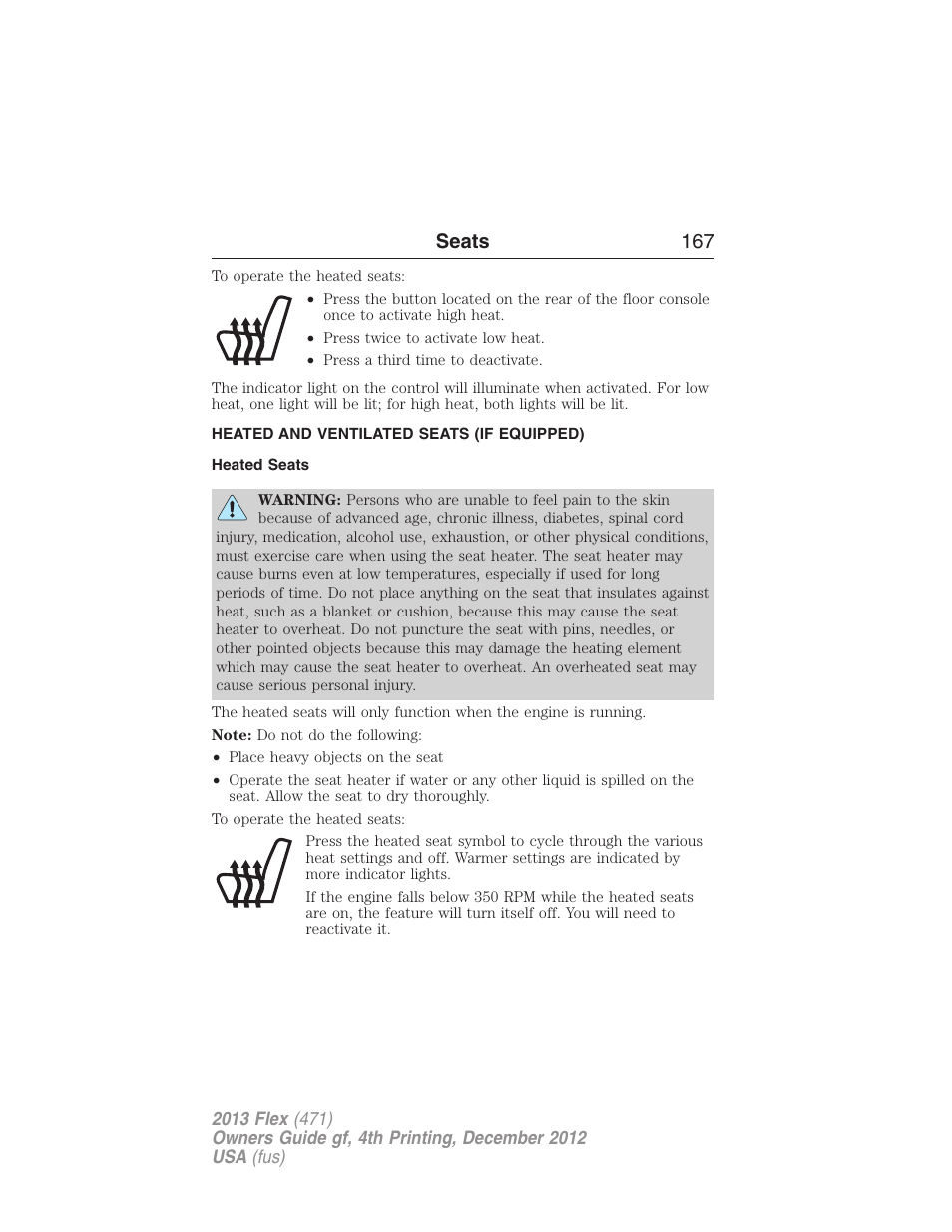 Heated and ventilated seats (if equipped), Heated seats, Heated and ventilated seats | Seats 167 | FORD 2013 Flex v.4 User Manual | Page 168 / 555