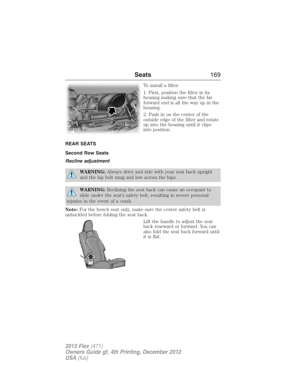 Rear seats, Second row seats, Recline adjustment | Seats 169 | FORD 2013 Flex v.4 User Manual | Page 170 / 555