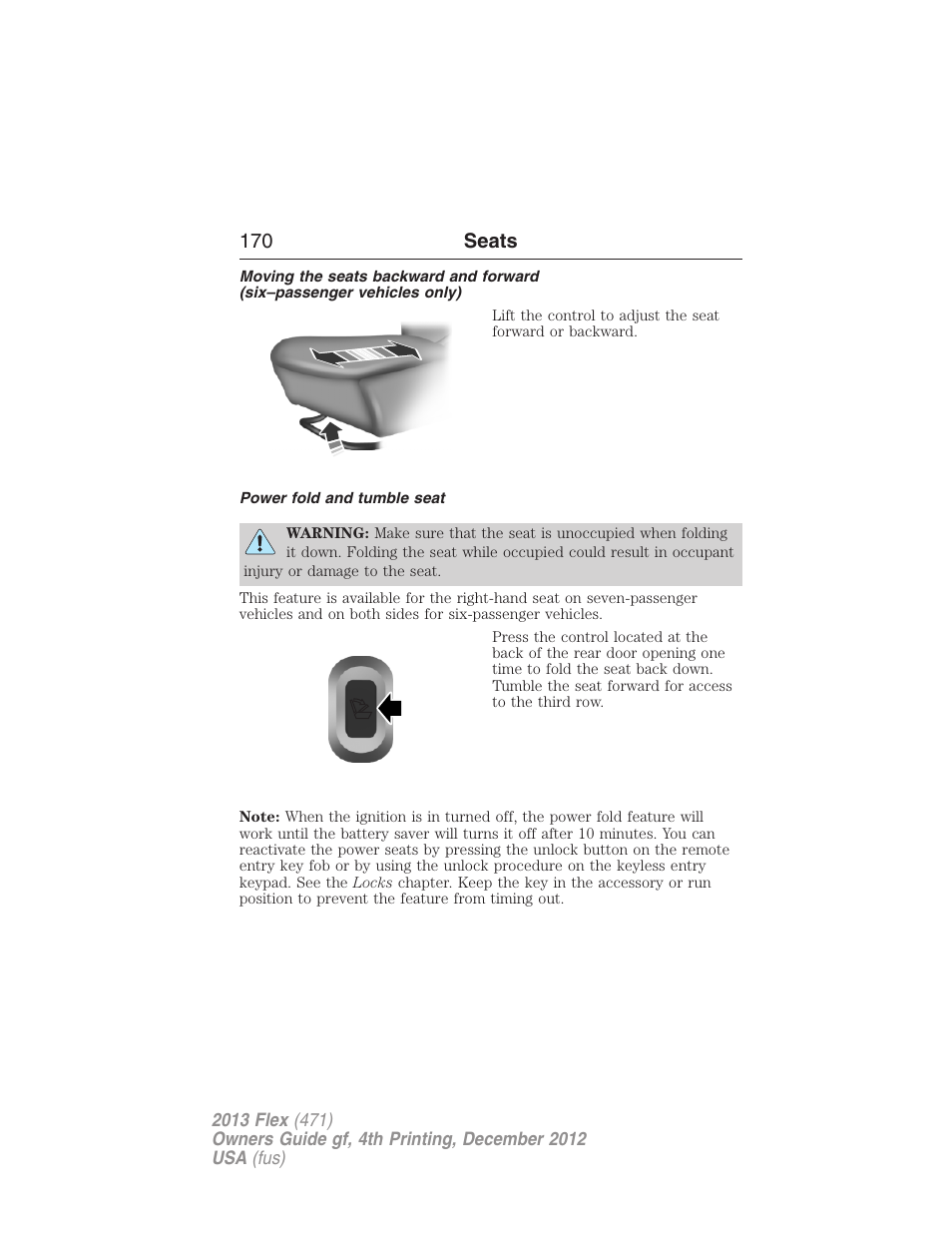Power fold and tumble seat, 170 seats | FORD 2013 Flex v.4 User Manual | Page 171 / 555