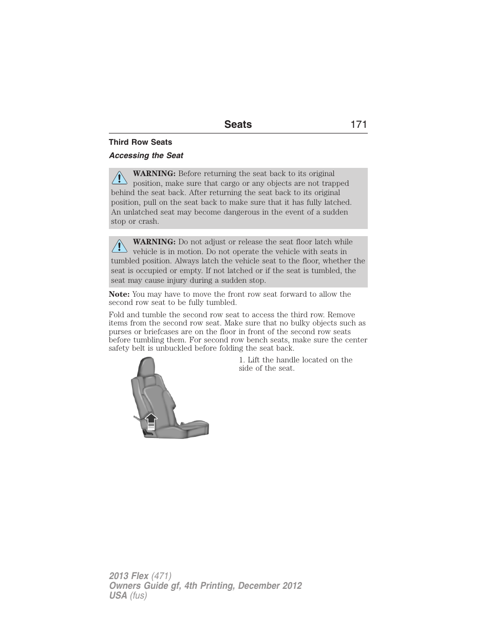 Third row seats, Accessing the seat, Seats 171 | FORD 2013 Flex v.4 User Manual | Page 172 / 555