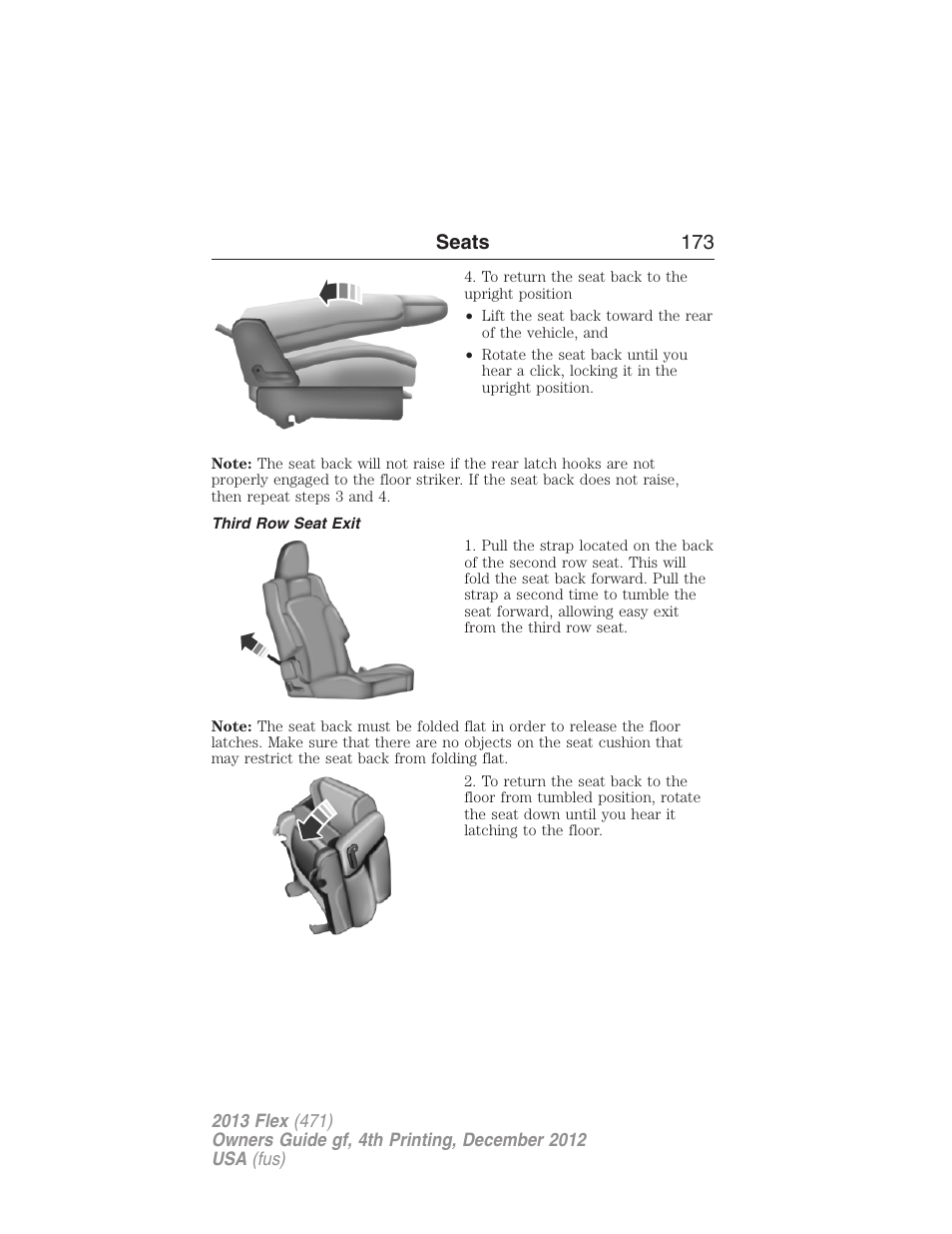Third row seat exit, Seats 173 | FORD 2013 Flex v.4 User Manual | Page 174 / 555