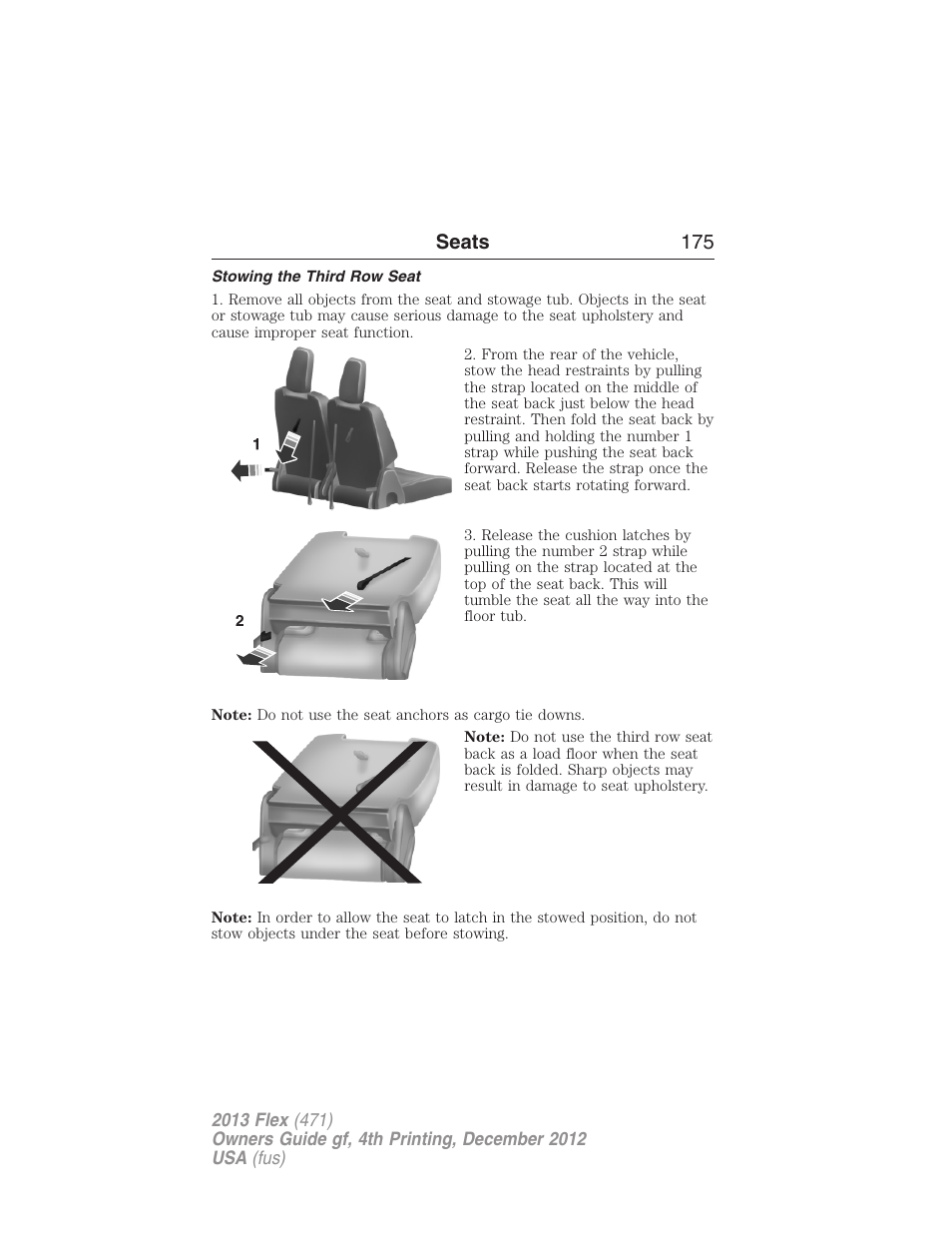 Stowing the third row seat, Seats 175 | FORD 2013 Flex v.4 User Manual | Page 176 / 555