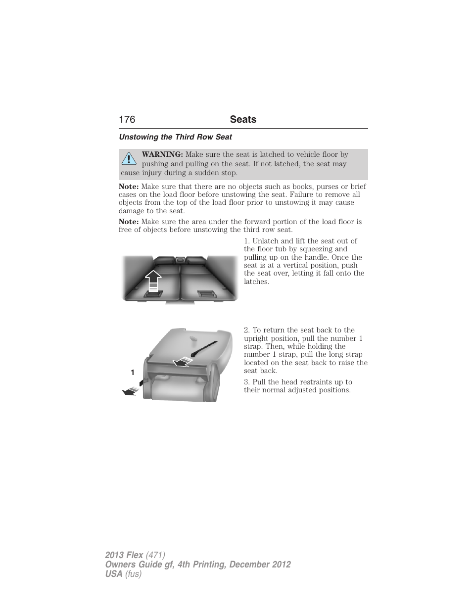 Unstowing the third row seat, 176 seats | FORD 2013 Flex v.4 User Manual | Page 177 / 555