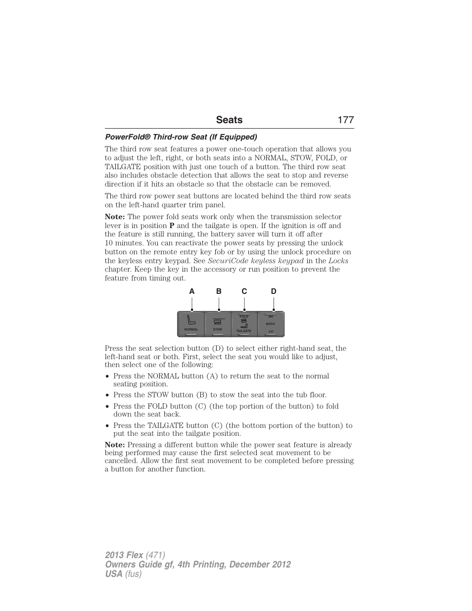 Powerfold® third-row seat (if equipped), Seats 177 | FORD 2013 Flex v.4 User Manual | Page 178 / 555