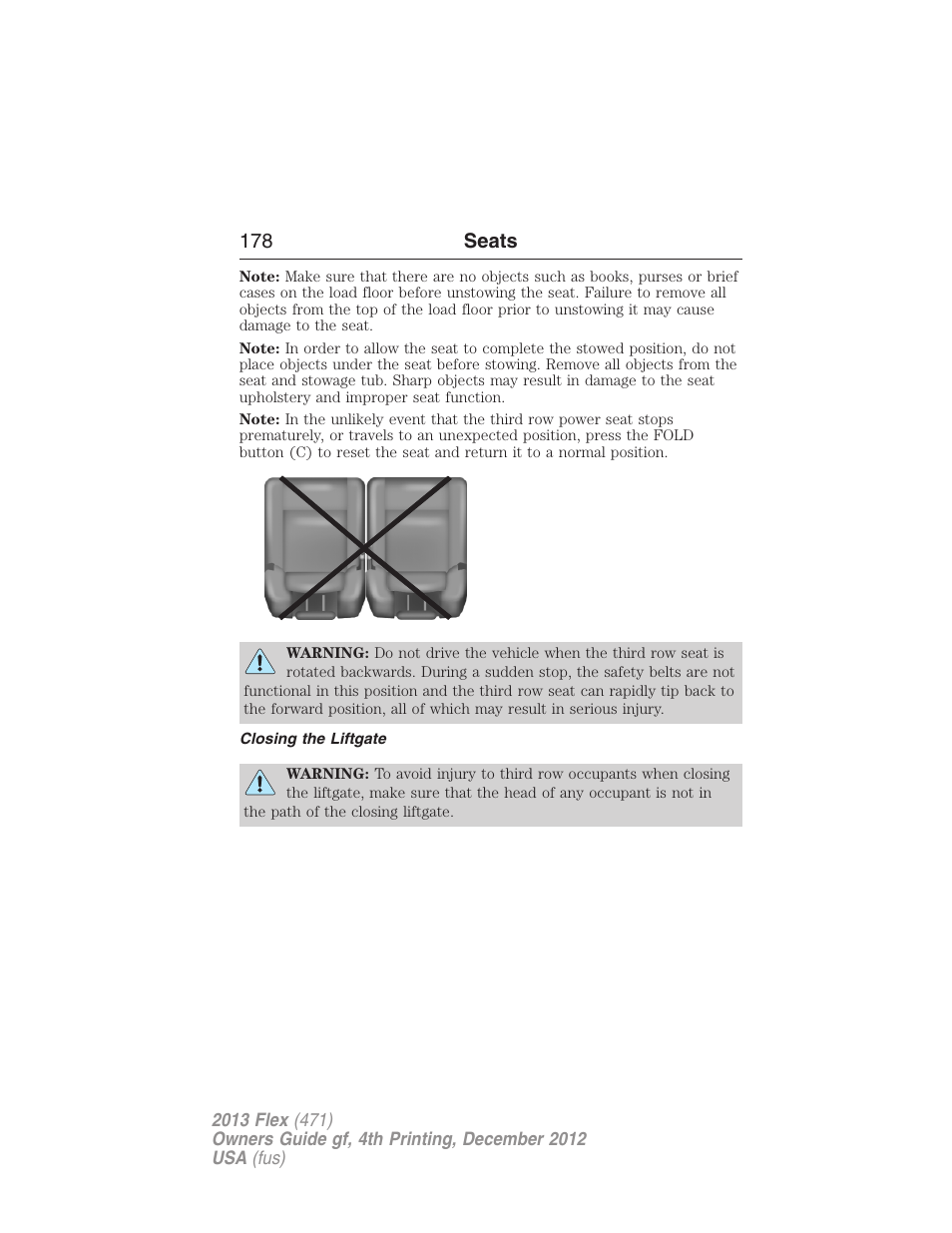 Closing the liftgate, 178 seats | FORD 2013 Flex v.4 User Manual | Page 179 / 555