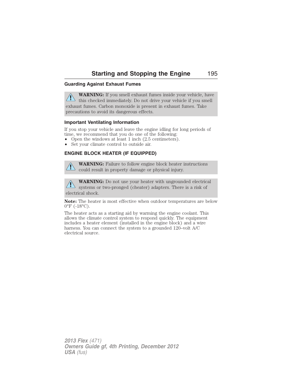 Guarding against exhaust fumes, Important ventilating information, Engine block heater (if equipped) | Engine block heater, Starting and stopping the engine 195 | FORD 2013 Flex v.4 User Manual | Page 196 / 555