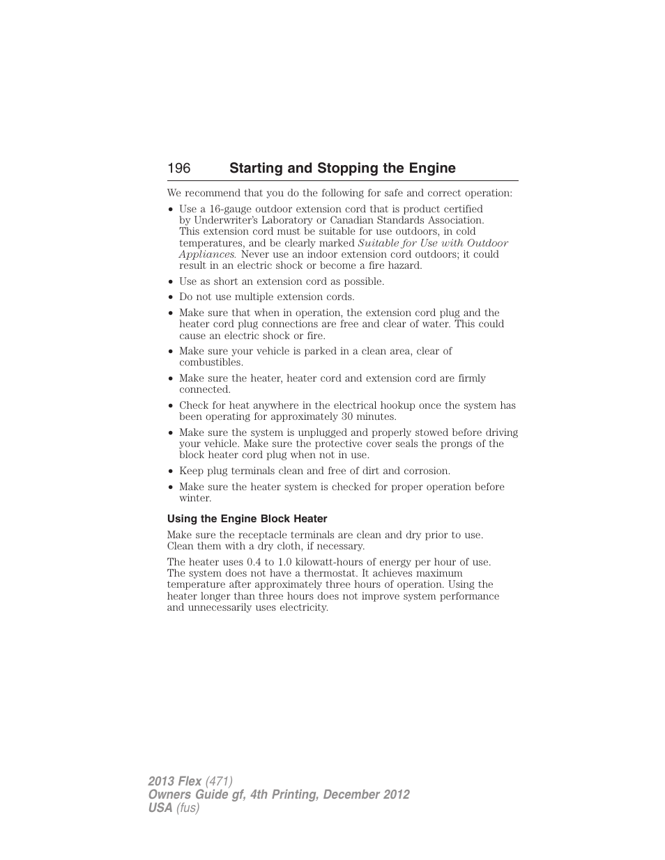 Using the engine block heater, 196 starting and stopping the engine | FORD 2013 Flex v.4 User Manual | Page 197 / 555