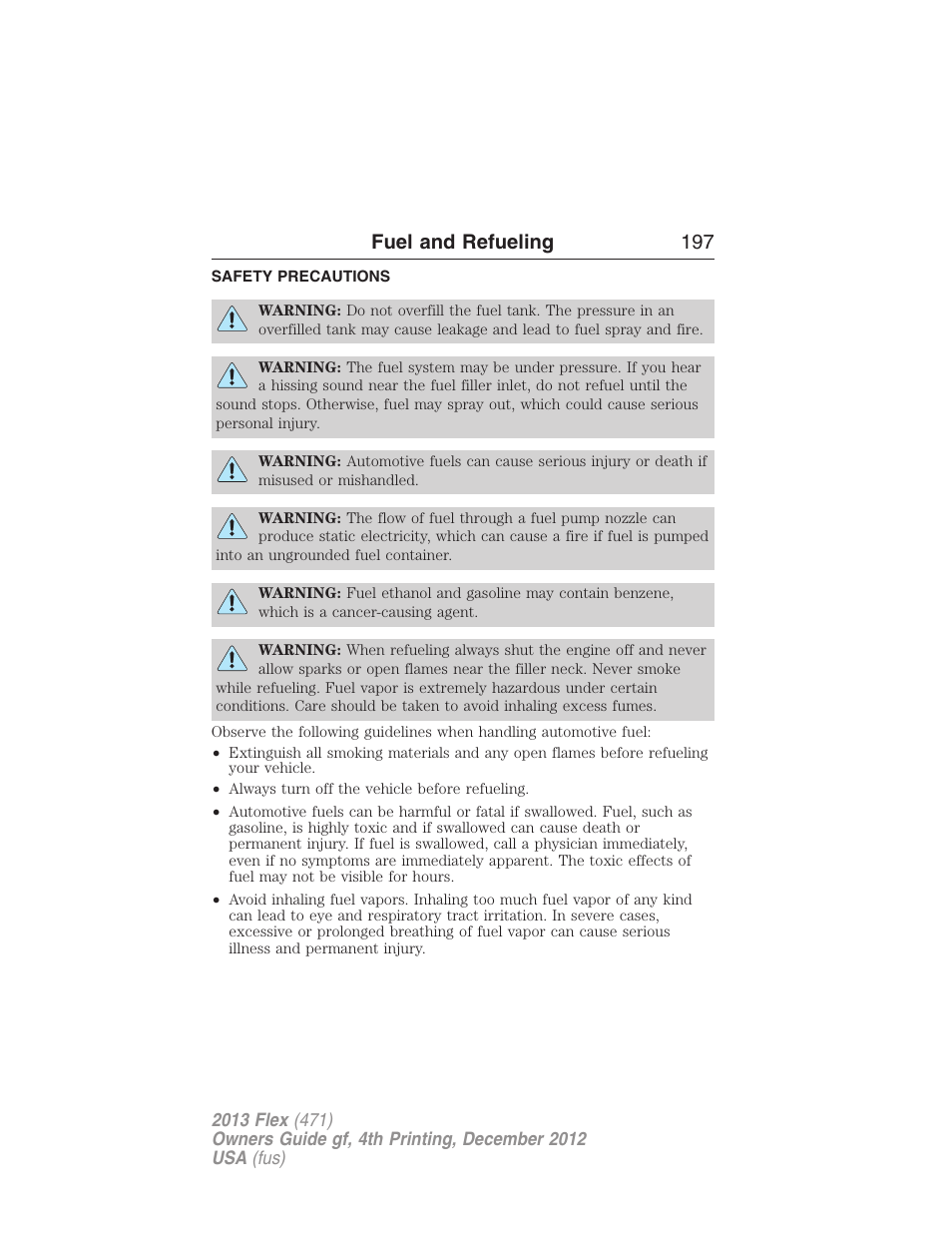 Fuel and refueling, Safety precautions, Fuel and refueling 197 | FORD 2013 Flex v.4 User Manual | Page 198 / 555