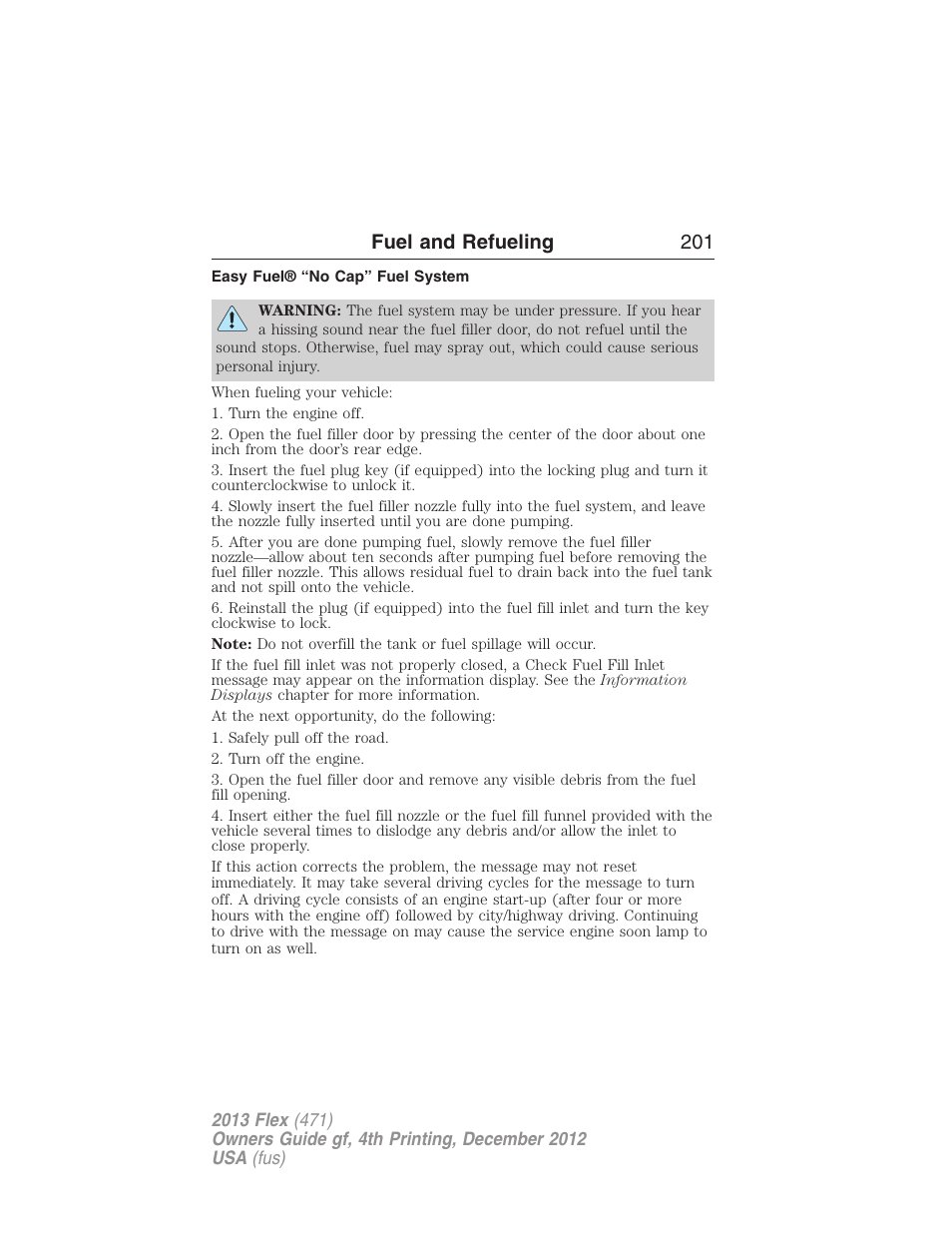 Easy fuel® “no cap” fuel system, Fuel and refueling 201 | FORD 2013 Flex v.4 User Manual | Page 202 / 555