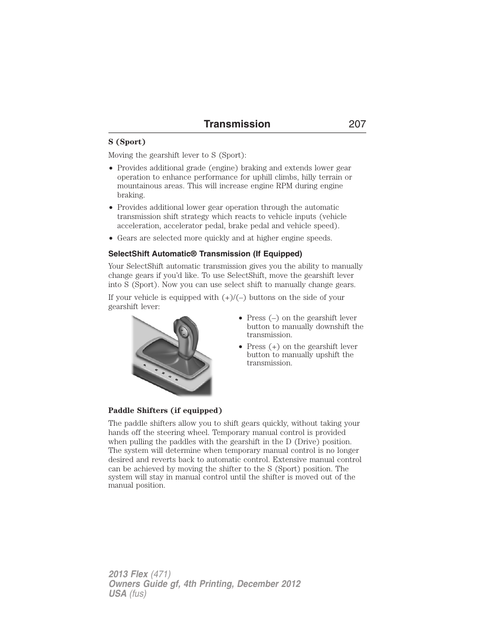 Selectshift automatic® transmission (if equipped), Transmission 207 | FORD 2013 Flex v.4 User Manual | Page 208 / 555