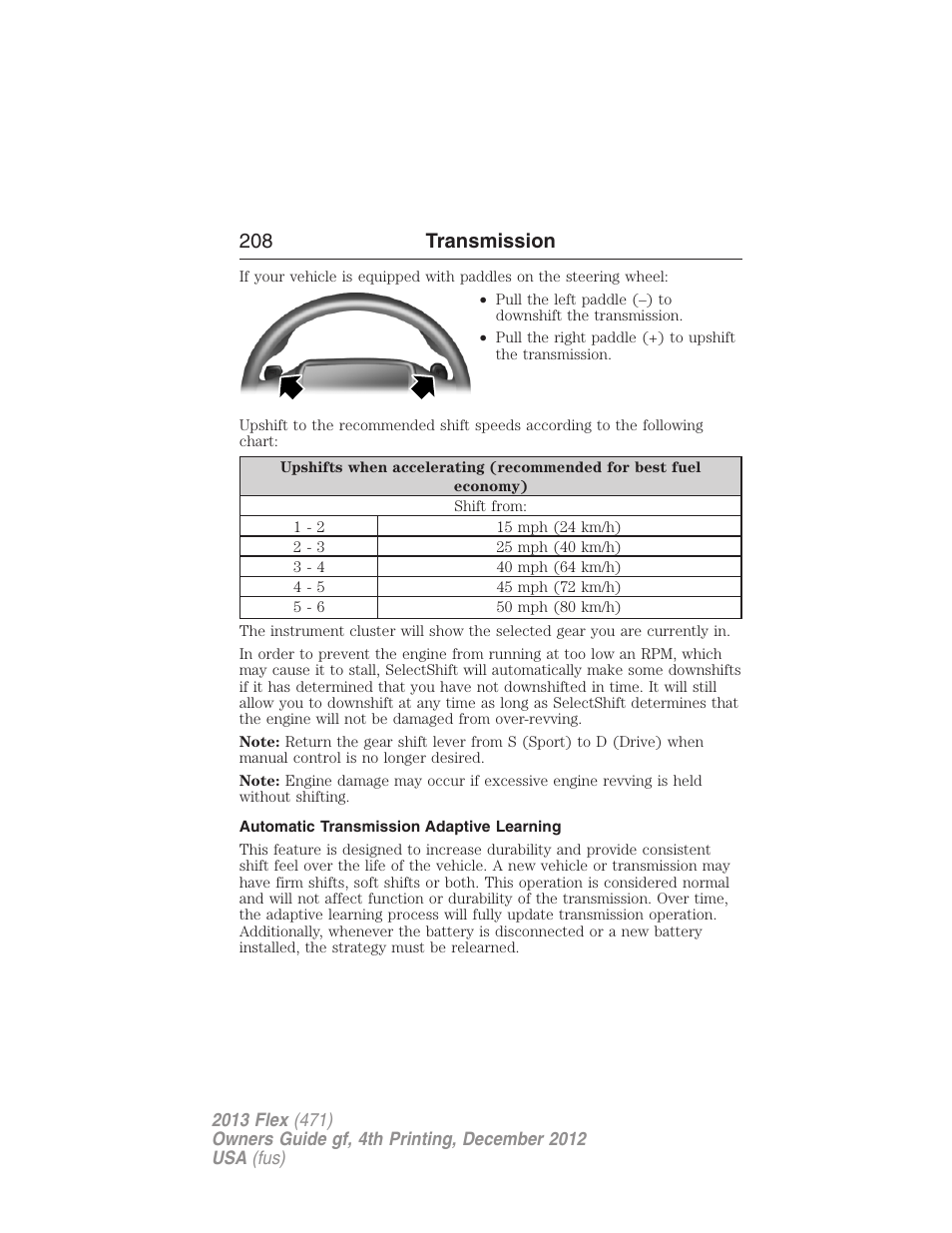 Automatic transmission adaptive learning, 208 transmission | FORD 2013 Flex v.4 User Manual | Page 209 / 555