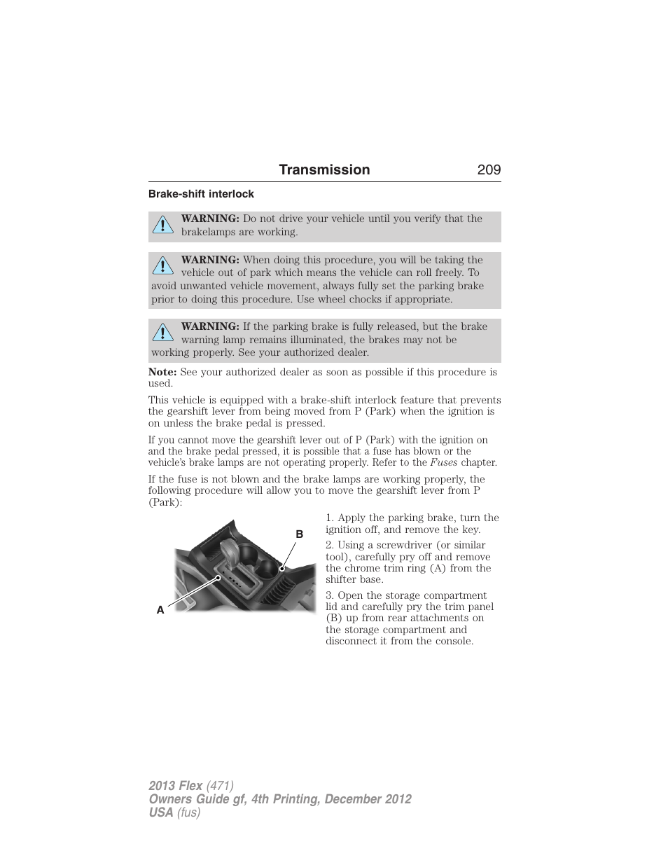 Brake-shift interlock, Transmission 209 | FORD 2013 Flex v.4 User Manual | Page 210 / 555