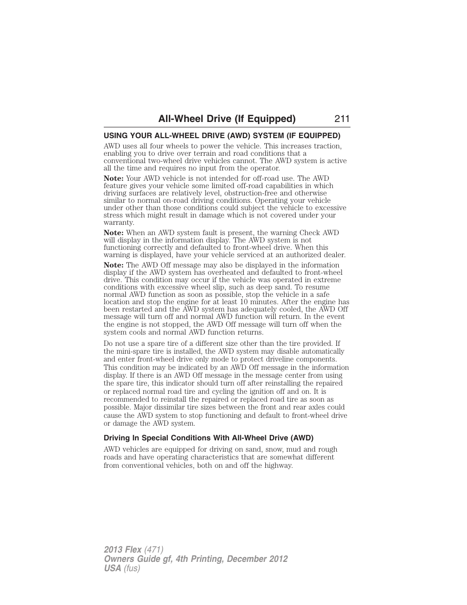 All-wheel drive (if equipped), All wheel drive, All-wheel drive (if equipped) 211 | FORD 2013 Flex v.4 User Manual | Page 212 / 555