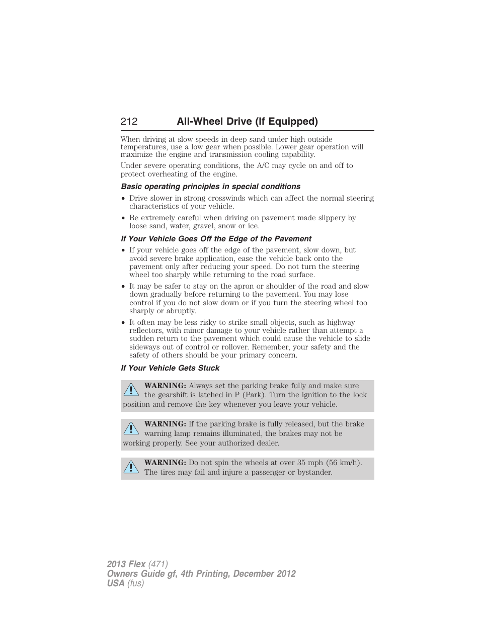 Basic operating principles in special conditions, If your vehicle goes off the edge of the pavement, If your vehicle gets stuck | 212 all-wheel drive (if equipped) | FORD 2013 Flex v.4 User Manual | Page 213 / 555