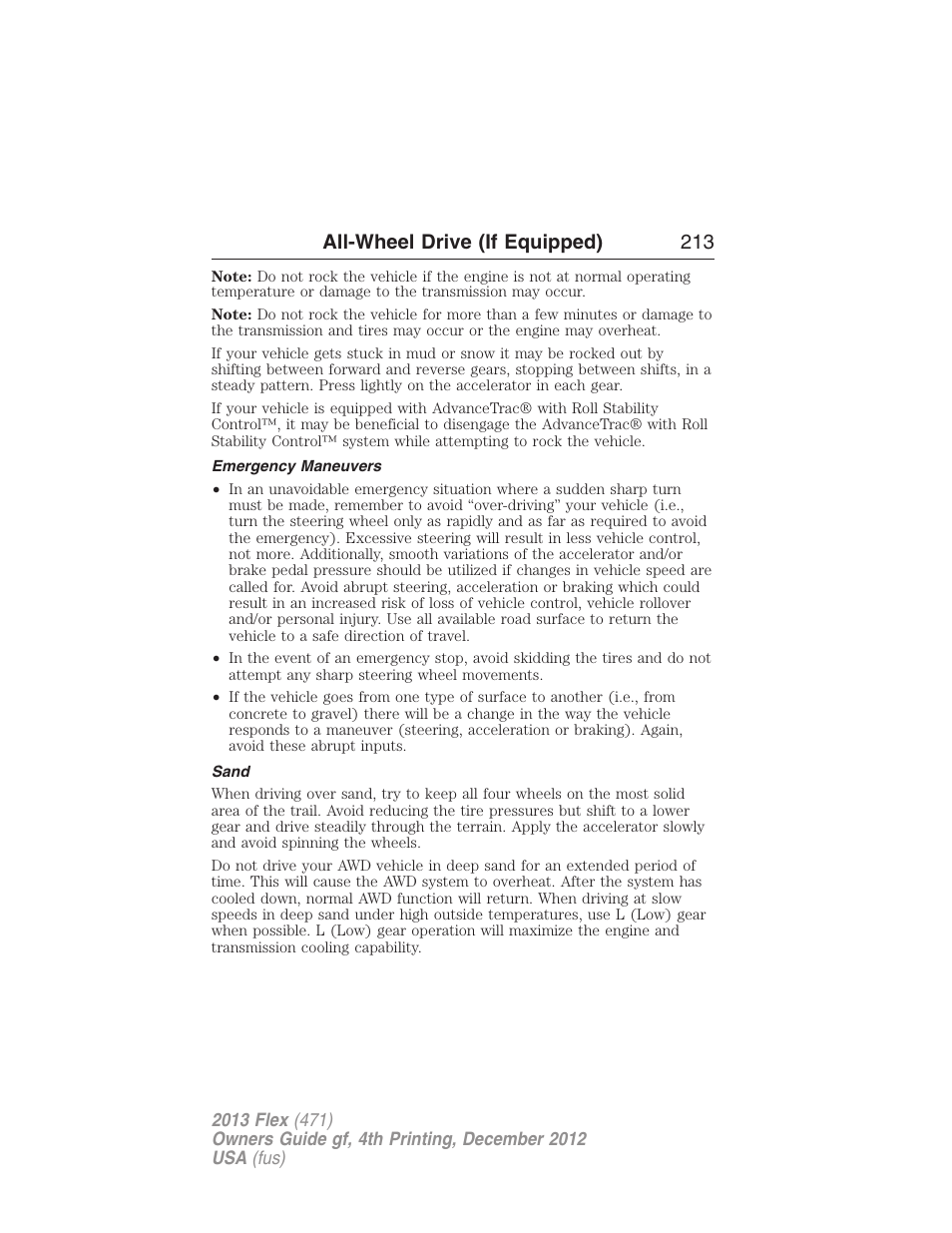 Emergency maneuvers, Sand, All-wheel drive (if equipped) 213 | FORD 2013 Flex v.4 User Manual | Page 214 / 555