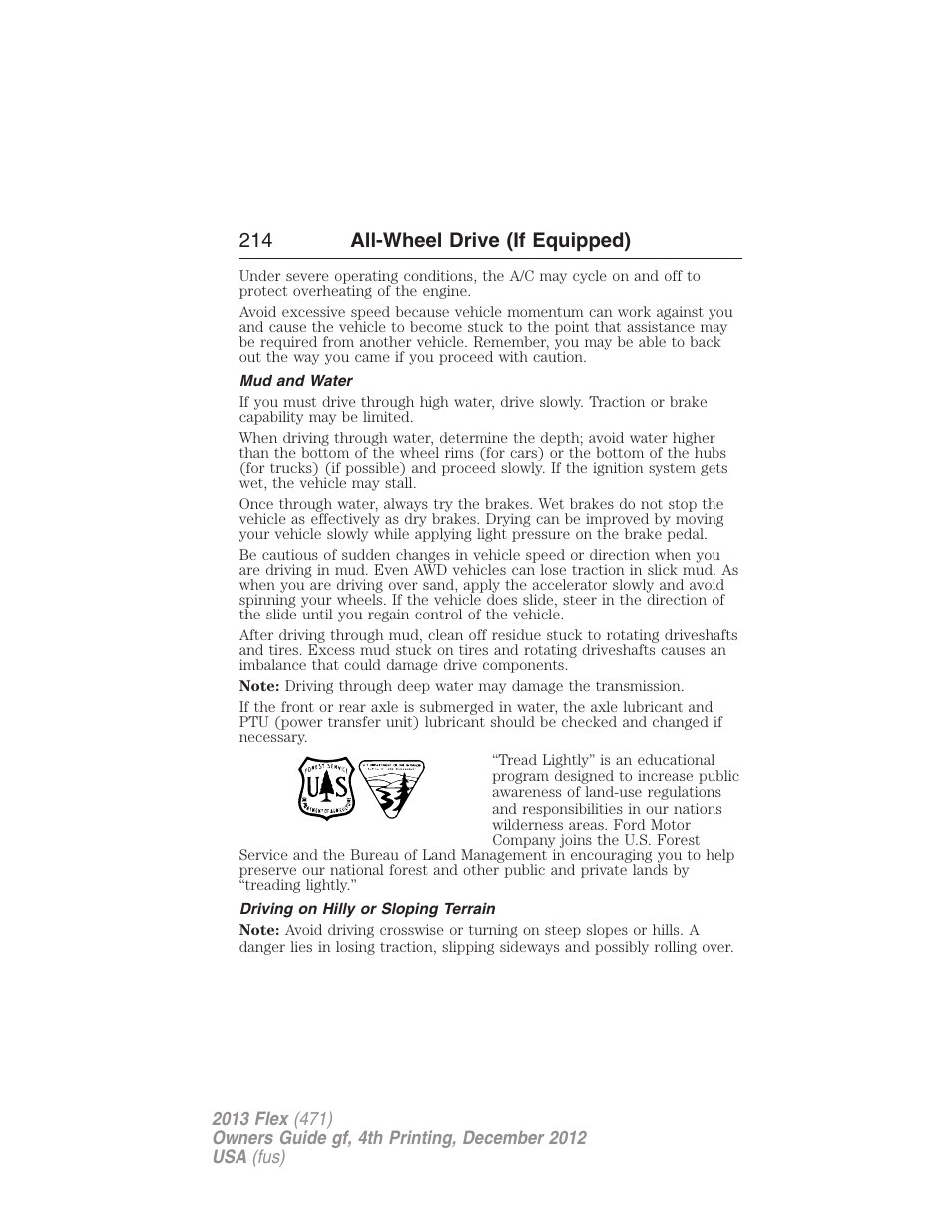 Mud and water, Driving on hilly or sloping terrain, 214 all-wheel drive (if equipped) | FORD 2013 Flex v.4 User Manual | Page 215 / 555