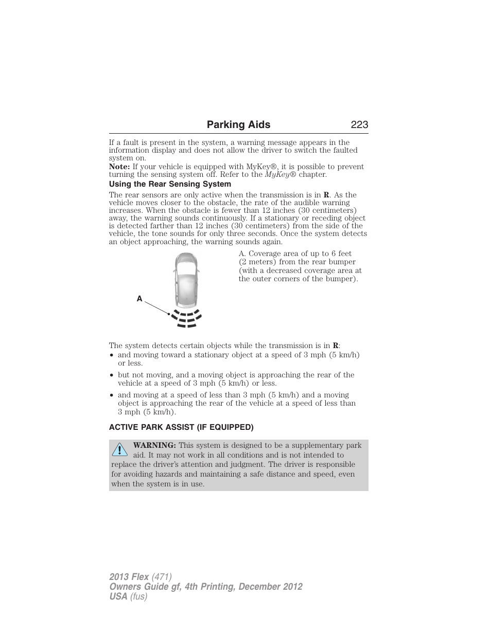 Using the rear sensing system, Active park assist (if equipped), Active park assist | Parking aids 223 | FORD 2013 Flex v.4 User Manual | Page 224 / 555