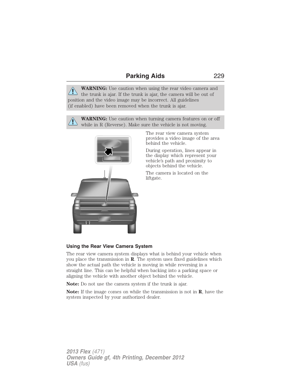 Using the rear view camera system, Parking aids 229 | FORD 2013 Flex v.4 User Manual | Page 230 / 555