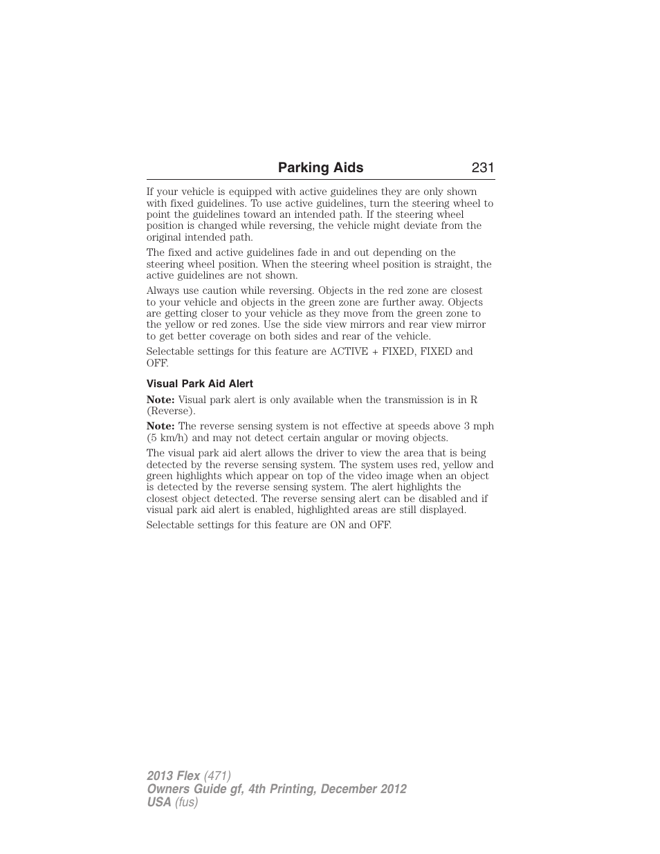 Visual park aid alert, Parking aids 231 | FORD 2013 Flex v.4 User Manual | Page 232 / 555