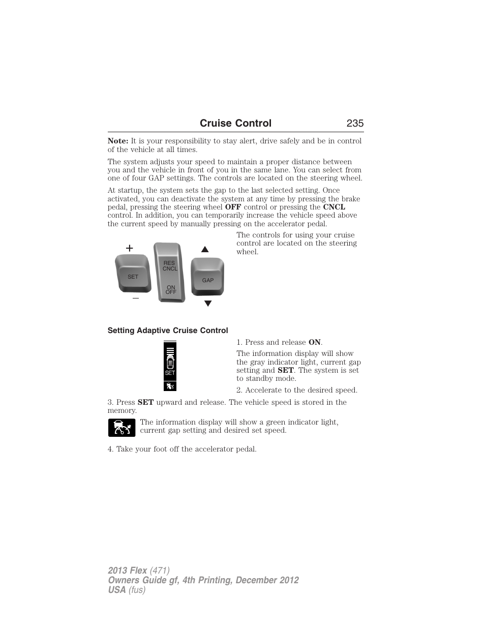 Setting adaptive cruise control, Cruise control 235 | FORD 2013 Flex v.4 User Manual | Page 236 / 555