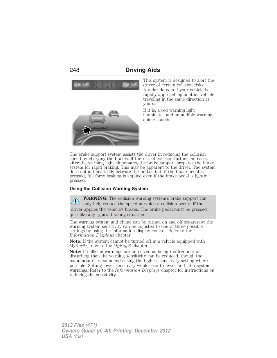 Using the collision warning system, 248 driving aids | FORD 2013 Flex v.4 User Manual | Page 249 / 555