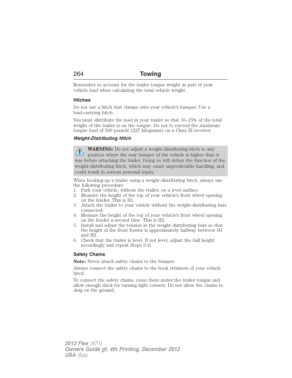 Hitches, Weight-distributing hitch, Safety chains | 264 towing | FORD 2013 Flex v.4 User Manual | Page 265 / 555