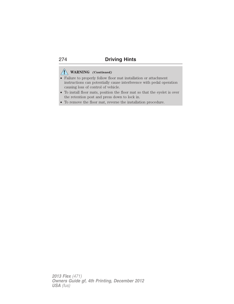 274 driving hints | FORD 2013 Flex v.4 User Manual | Page 275 / 555