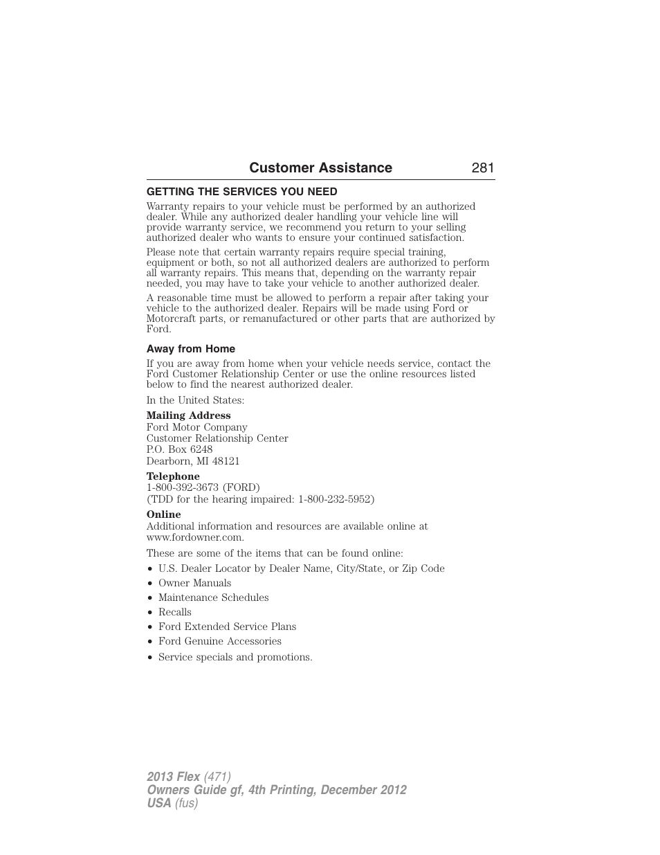 Customer assistance, Getting the services you need, Away from home | Customer assistance 281 | FORD 2013 Flex v.4 User Manual | Page 282 / 555