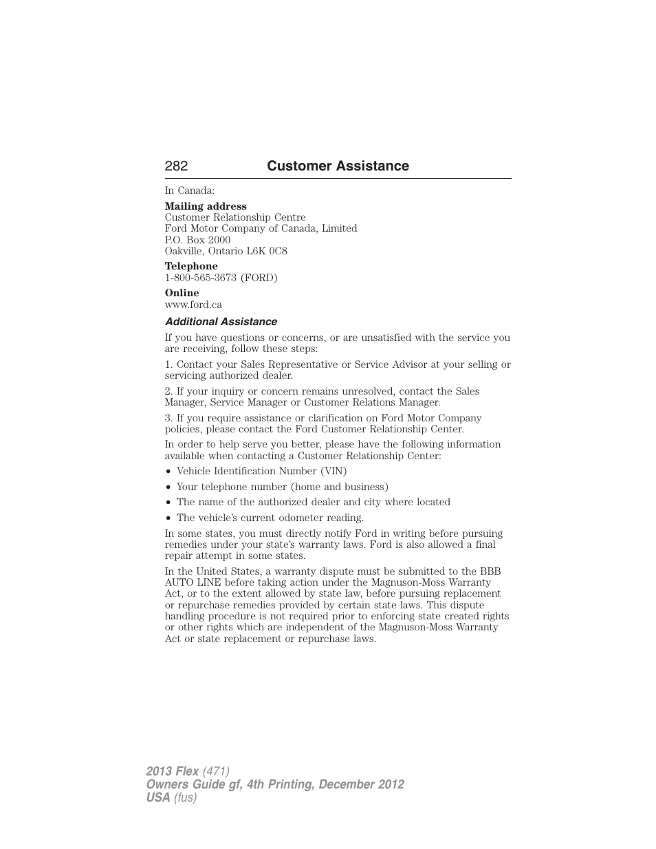 Additional assistance, 282 customer assistance | FORD 2013 Flex v.4 User Manual | Page 283 / 555