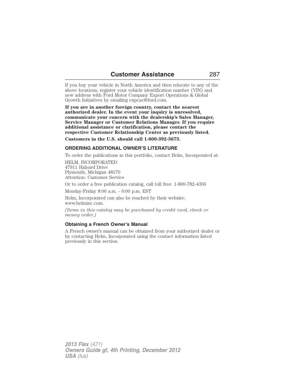 Ordering additional owner’s literature, Obtaining a french owner’s manual, Customer assistance 287 | FORD 2013 Flex v.4 User Manual | Page 288 / 555