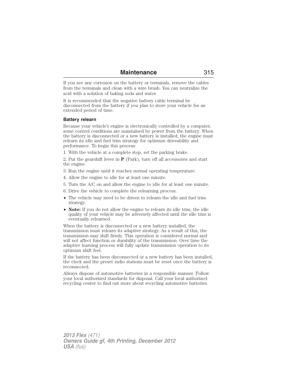 Battery relearn, Maintenance 315 | FORD 2013 Flex v.4 User Manual | Page 316 / 555