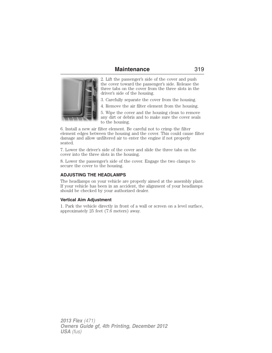 Adjusting the headlamps, Vertical aim adjustment, Maintenance 319 | FORD 2013 Flex v.4 User Manual | Page 320 / 555
