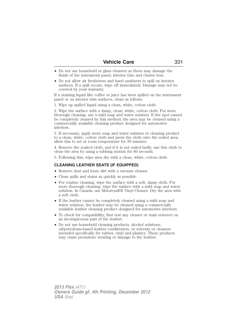 Cleaning leather seats (if equipped), Cleaning leather seats, Vehicle care 331 | FORD 2013 Flex v.4 User Manual | Page 332 / 555