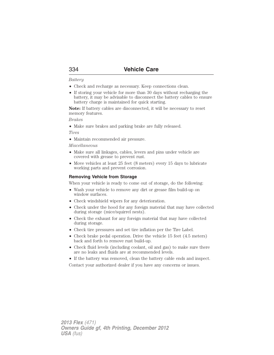 Removing vehicle from storage, 334 vehicle care | FORD 2013 Flex v.4 User Manual | Page 335 / 555
