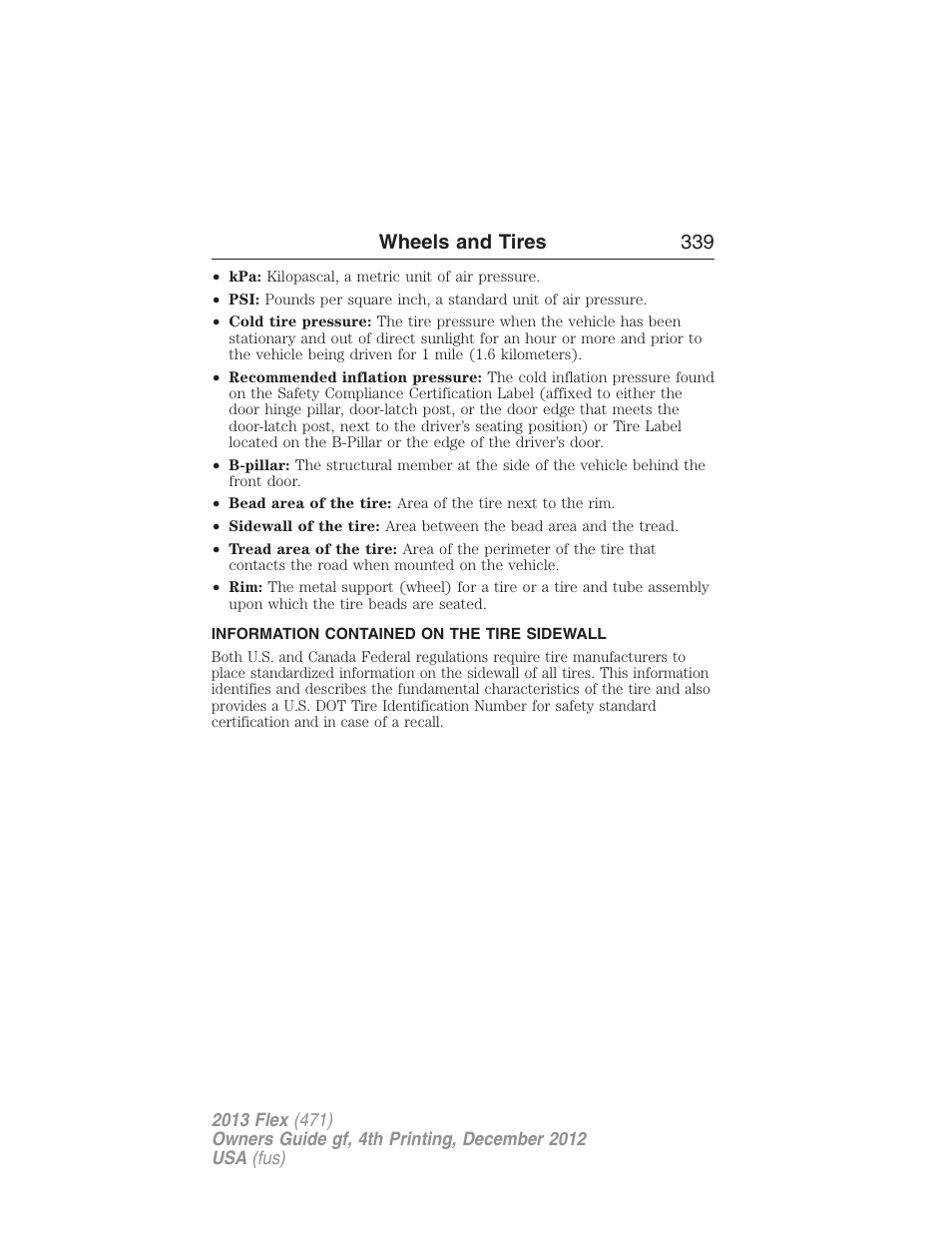 Information contained on the tire sidewall, Wheels and tires 339 | FORD 2013 Flex v.4 User Manual | Page 340 / 555