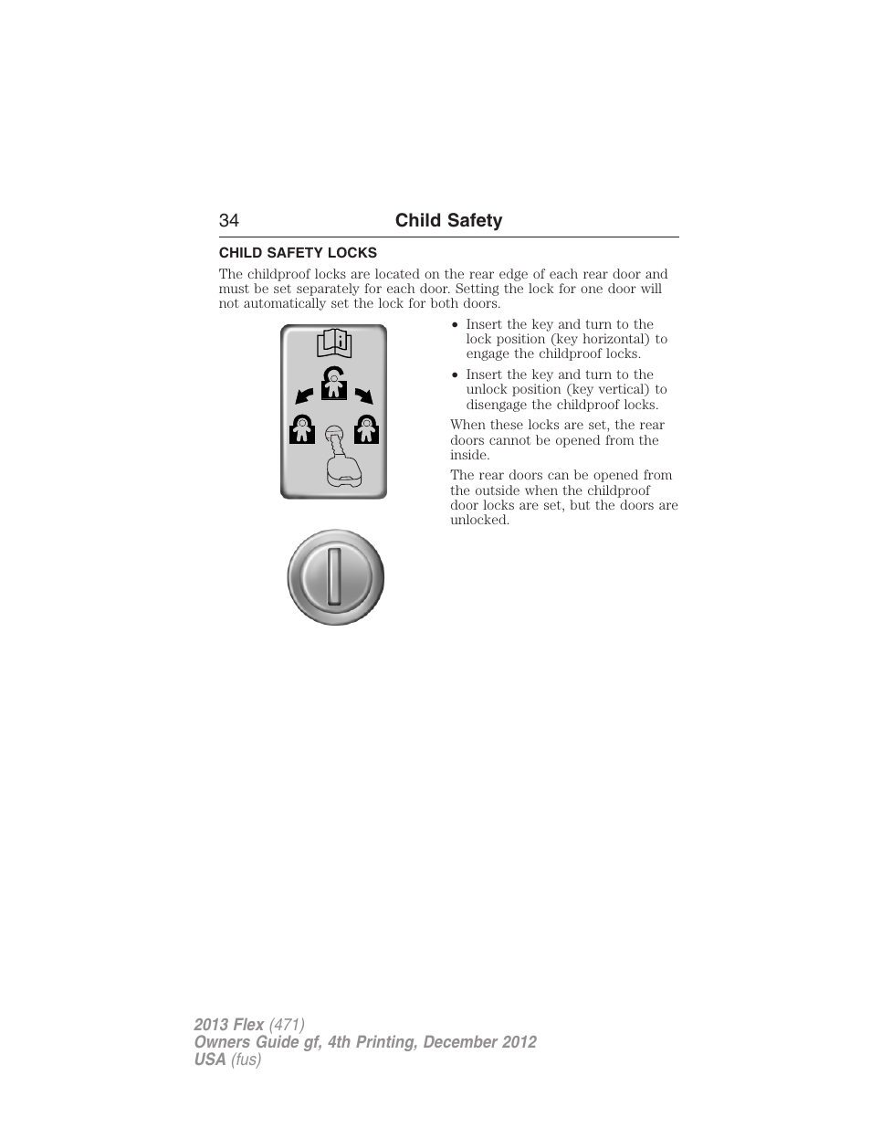 Child safety locks, 34 child safety | FORD 2013 Flex v.4 User Manual | Page 35 / 555