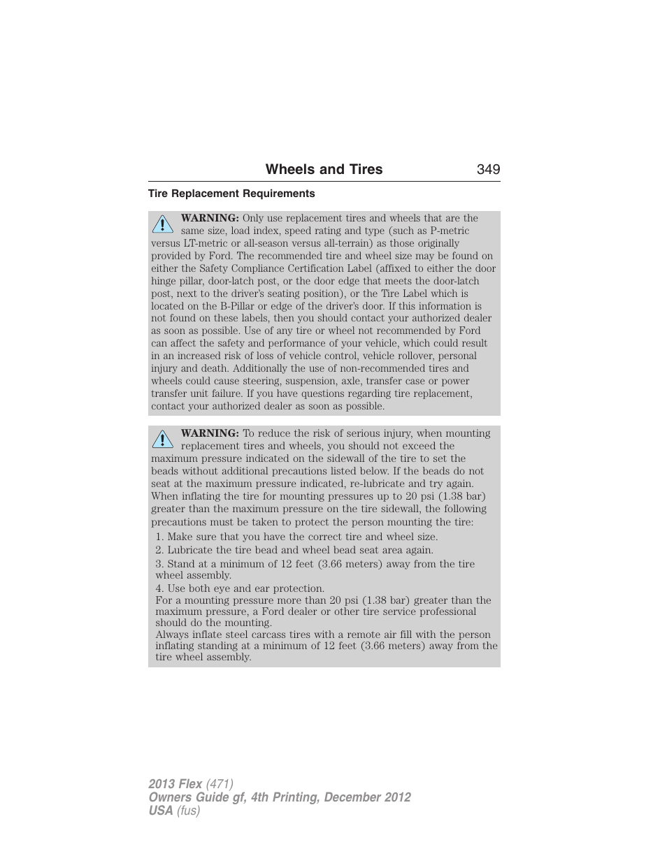 Tire replacement requirements, Wheels and tires 349 | FORD 2013 Flex v.4 User Manual | Page 350 / 555