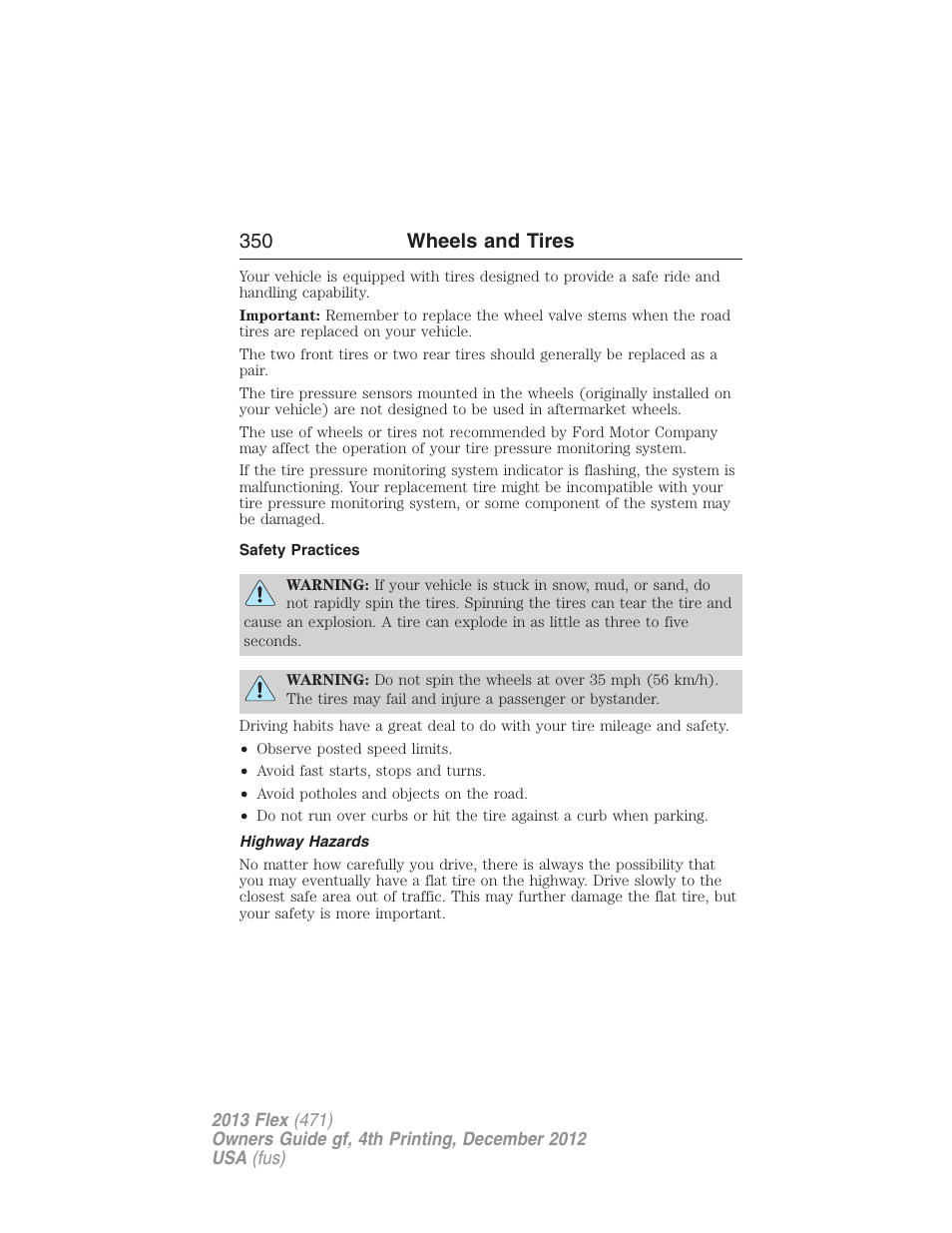 Safety practices, Highway hazards, 350 wheels and tires | FORD 2013 Flex v.4 User Manual | Page 351 / 555