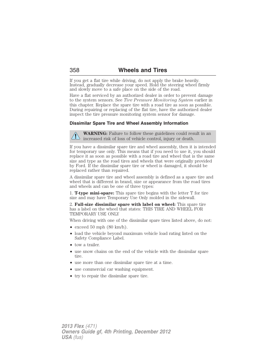 358 wheels and tires | FORD 2013 Flex v.4 User Manual | Page 359 / 555