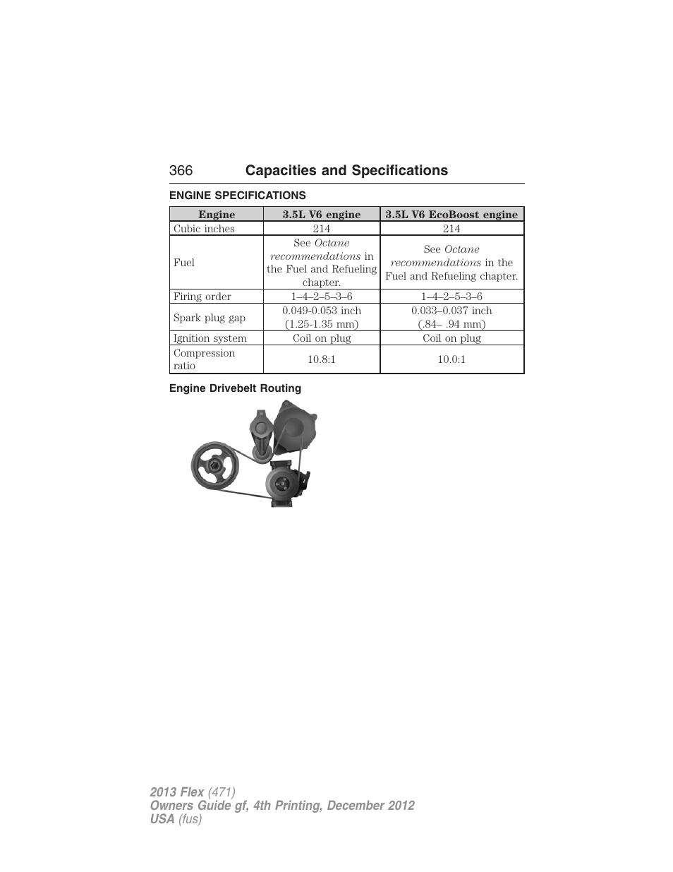 Capacities and specifications, Engine specifications, Engine drivebelt routing | Engine drivebelt, 366 capacities and specifications | FORD 2013 Flex v.4 User Manual | Page 367 / 555